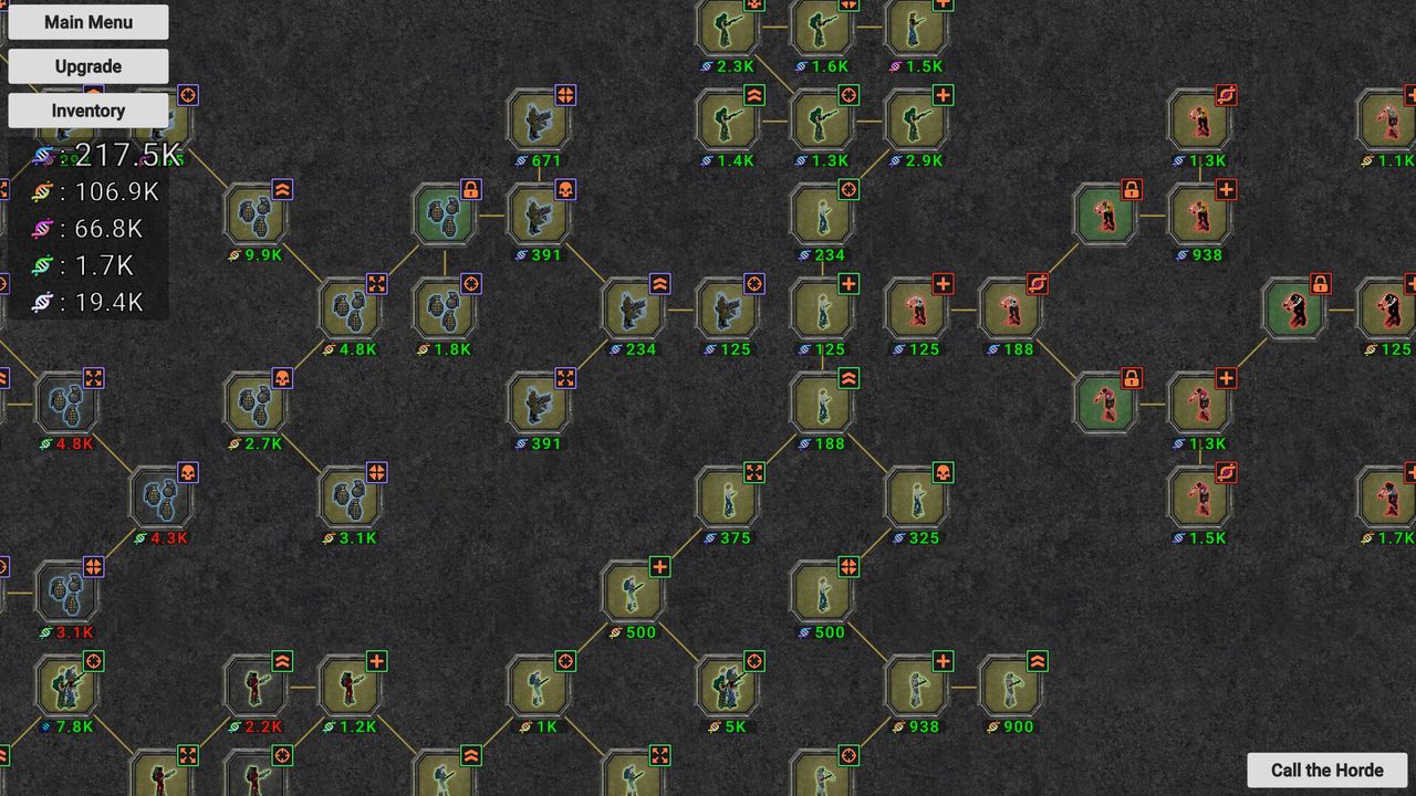 Official ShredDead screenshot: the node graph with hex icons and DNA prices